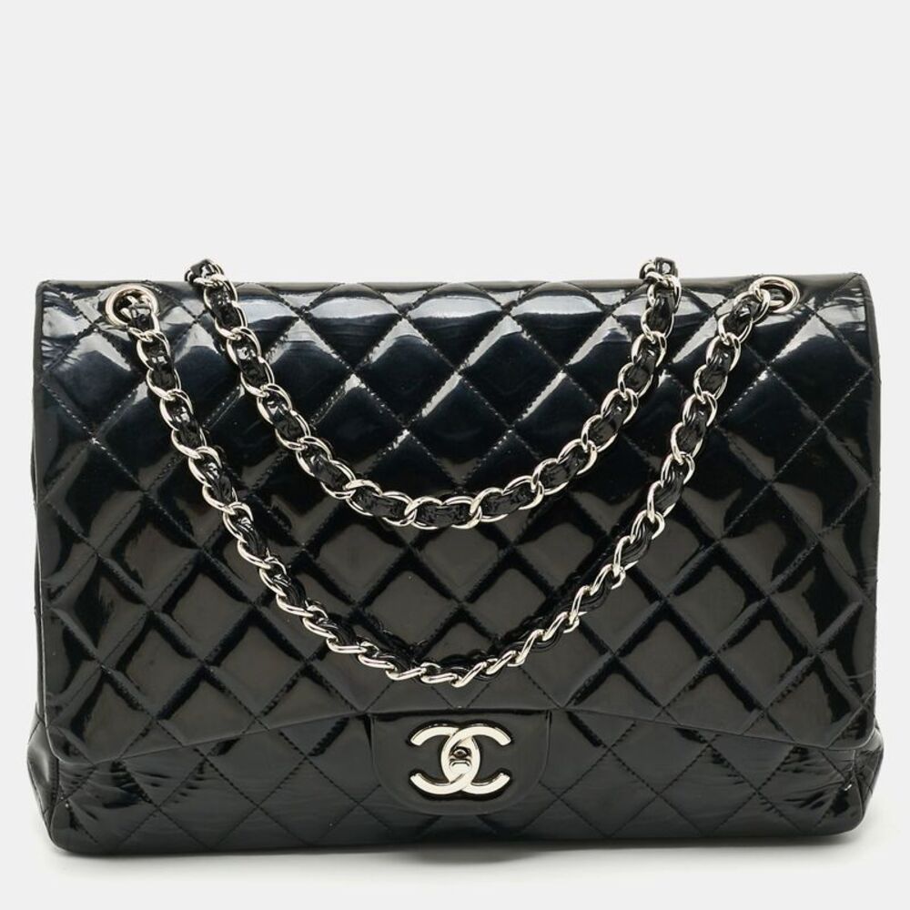 Chanel Classic Double Flap Maxi Black Quilted Patent Leather Bag